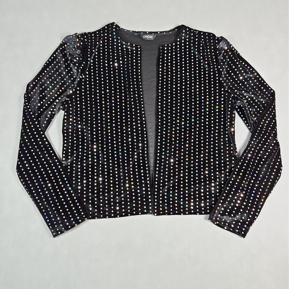 Chic Me Womens Black Sequin Open Front Cardigan Size Large